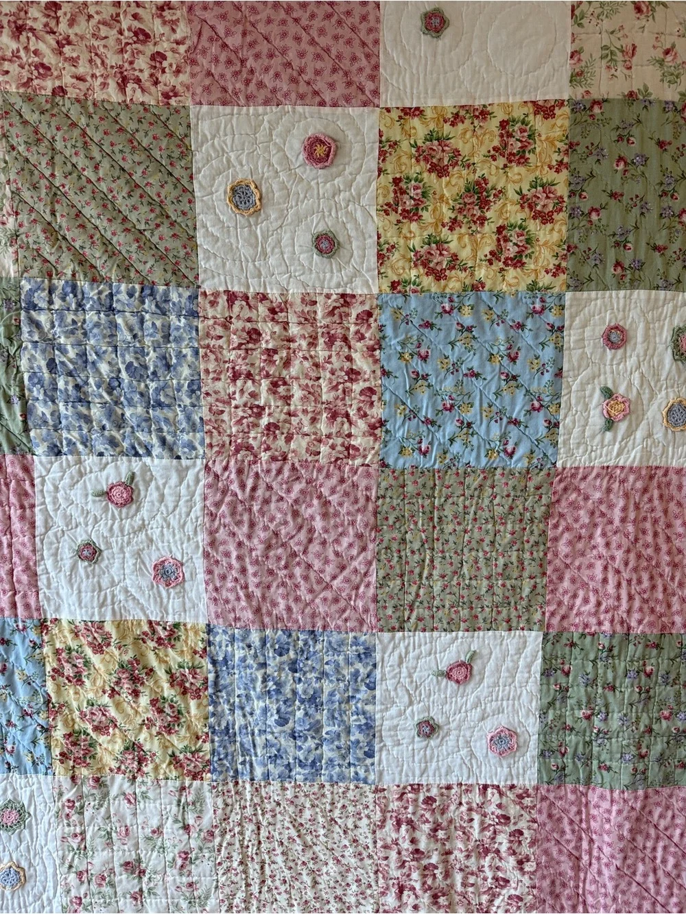 Vintage Handmade-Style Floral Patchwork Quilt 86x86 Cottagecore